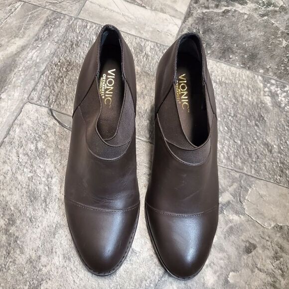 Vionic Orthaheel Point Dark Brown Leather Chunky Heel Ankle Boots Booties 9 - Picture 5 of 9